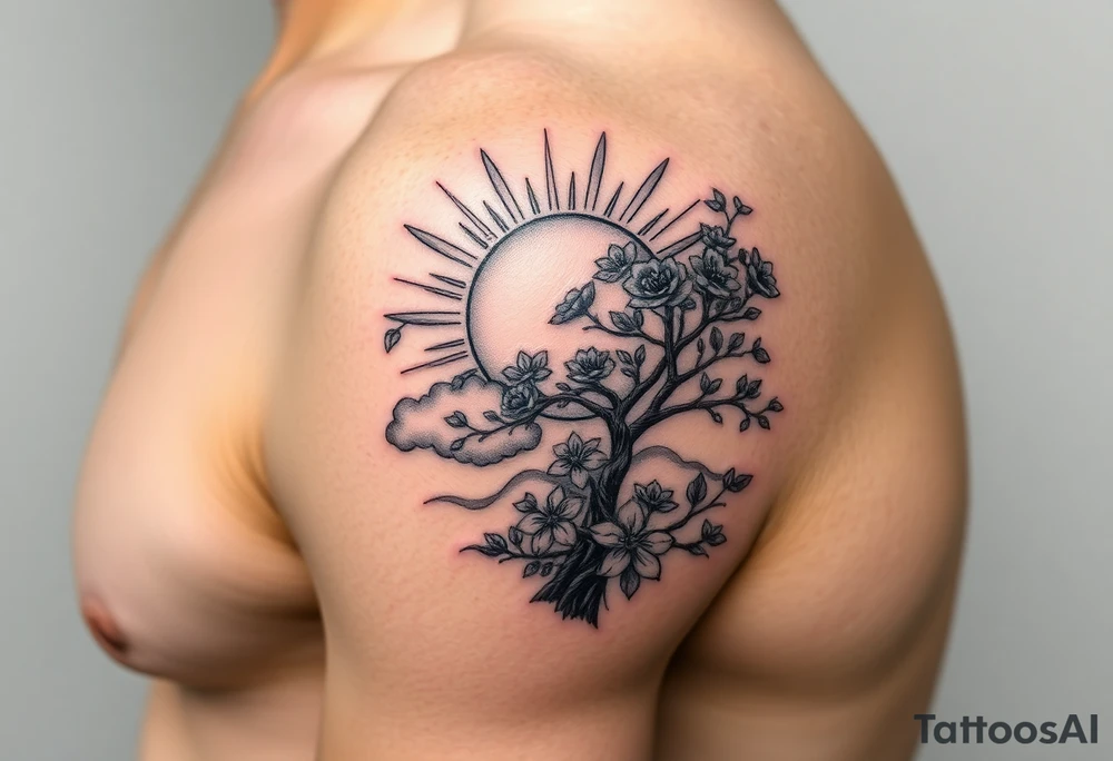 sun 
 surrounding by clouds, tree blooming with flowers on the shoulder tattoo idea