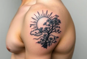 sun 
 surrounding by clouds, tree blooming with flowers on the shoulder tattoo idea