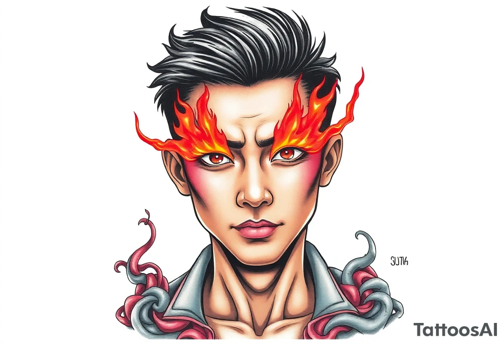 Handsome Asian young guy with burning eyes tattoo idea
