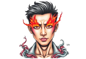 Handsome Asian young guy with burning eyes tattoo idea