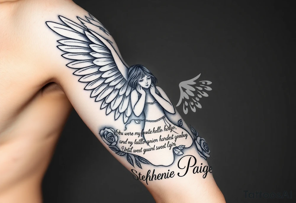 A beautiful memorial tribute tattoo with a fallen angel with big beautiful wings kneeled down crying with roses all around and clouds above and beams of haven shining down. With the saying " You were my favorite hello,and my hardest goodbye.Until we meet again,my sweet girl,rest easy" with the name Stephanie Paige underneath the saying ,all in bold beautiful writing or font. Add a bold crown at the top of it all and any extras you feel would blend or go with this idea. tattoo idea