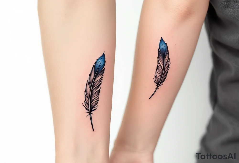 Two matching man and woman black feather tattoos with blue tips. tattoo idea