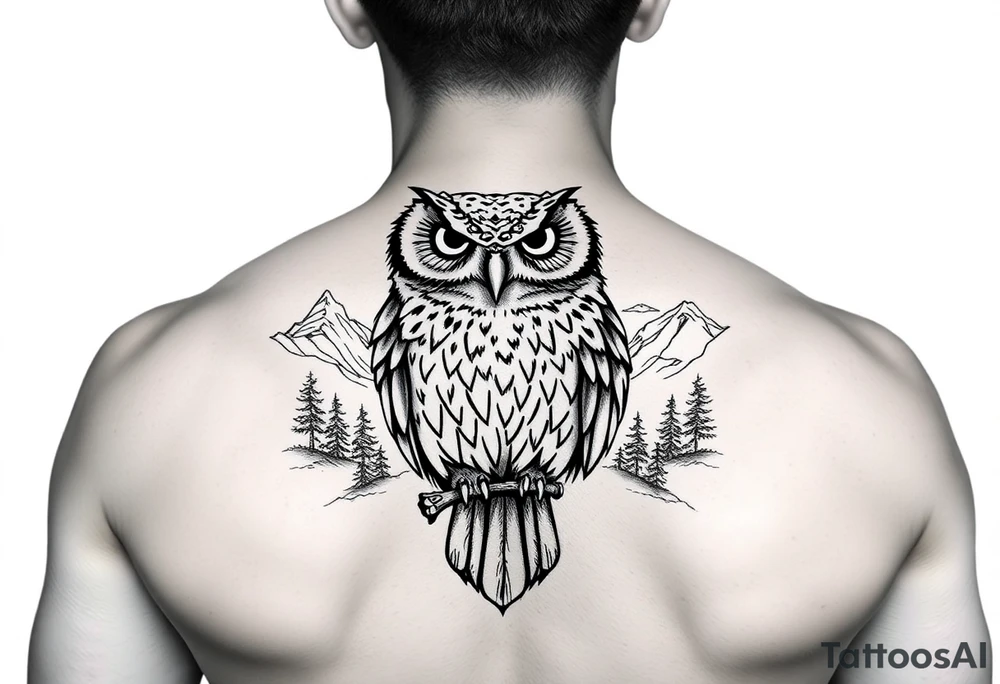 Owl with background of yosemite black fine line tattoo tattoo idea