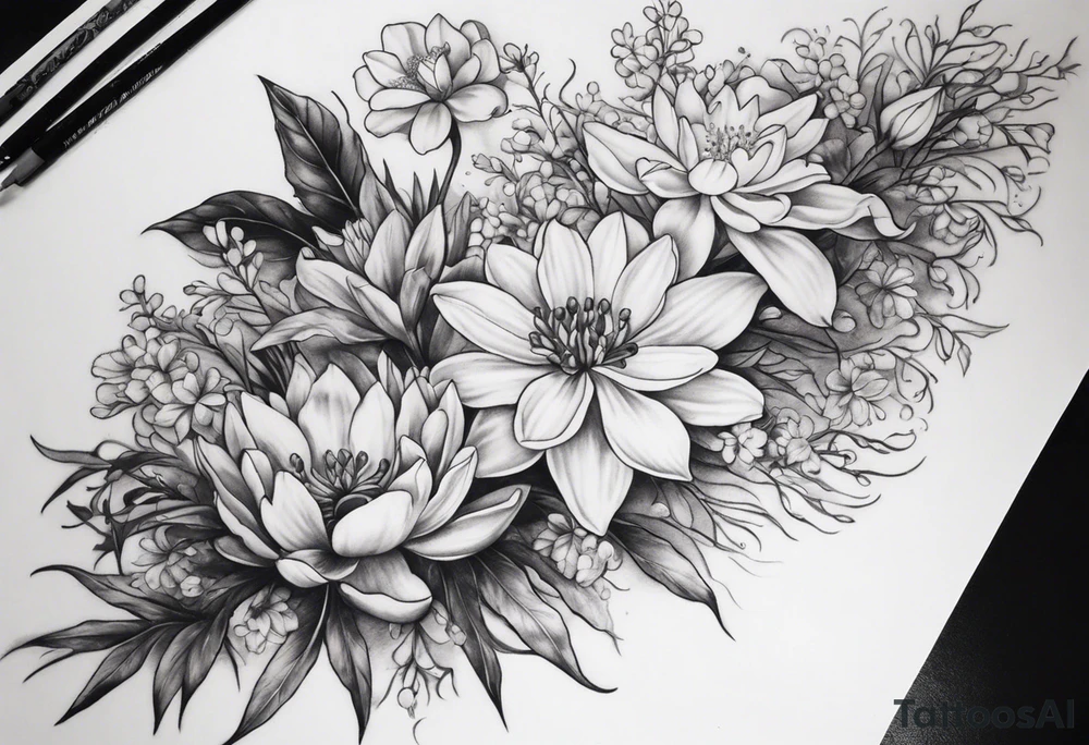 Full sleeve with larkspur and water Lilly, chrysanthemum and peony, Iris and violet, hawthorn and lily of the valley. Add a juniper tree and palm tree female tattoo tattoo idea