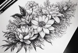 Full sleeve with larkspur and water Lilly, chrysanthemum and peony, Iris and violet, hawthorn and lily of the valley. Add a juniper tree and palm tree female tattoo tattoo idea