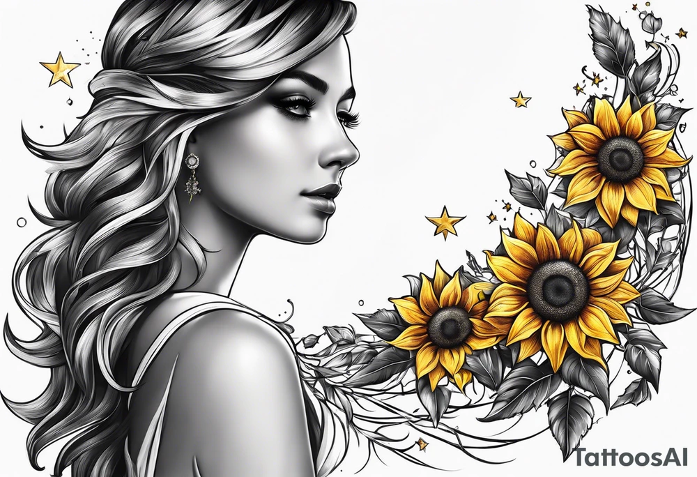 sunflower braslet surrounded with little stars, tree and arrow tattoo idea