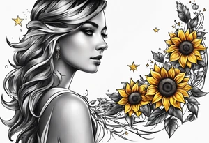 sunflower braslet surrounded with little stars, tree and arrow tattoo idea