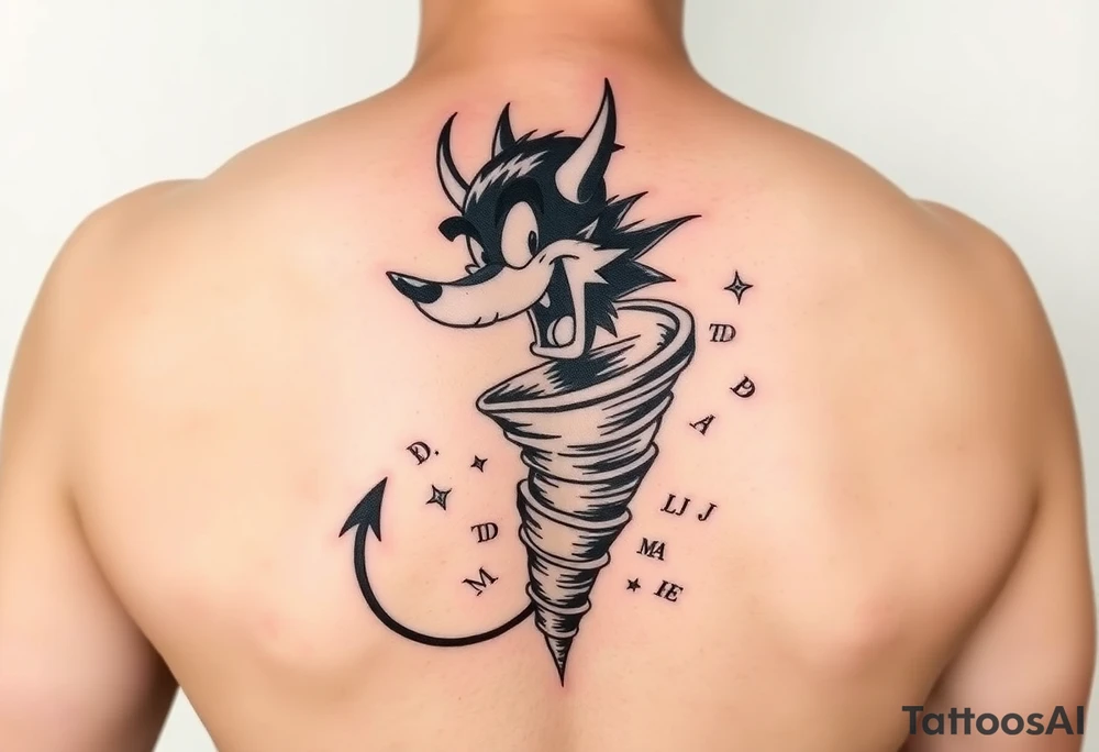 LOONEY toons tazmanian devil with half his body a tornado add initials BD, TD, LJ, MA, HE in the tornado on an upper arm tattoo idea