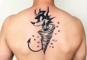 LOONEY toons tazmanian devil with half his body a tornado add initials BD, TD, LJ, MA, HE in the tornado on an upper arm tattoo idea