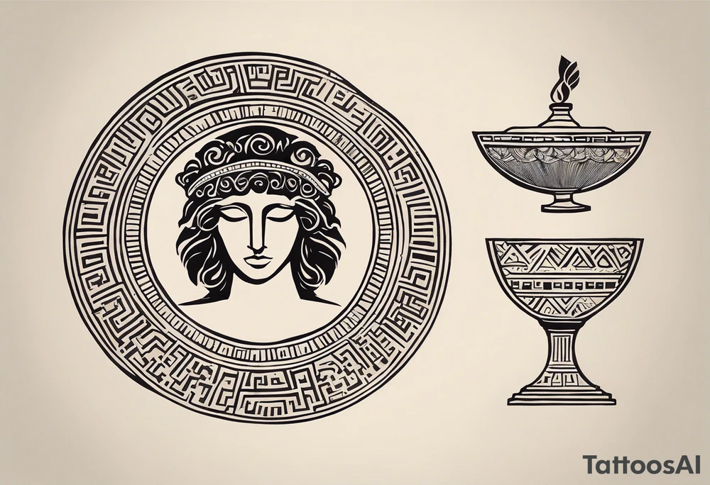 "Craft a minimalist tattoo design in the style of ancient Greek art, featuring Dionysus with his affection for theater. Depict Dionysus in a simplified yet elegant form, reminiscent of classical Greek sculpture, holding a theatrical mask and a goblet of wine. Surround him with subtle geometric patterns or motifs inspired by ancient Greek pottery, such as meanders or key patterns. Ensure the design maintains a minimalist aesthetic while incorporating elements that evoke the sophistication and timelessness of Greek art, capturing Dionysus's connection to both wine and theater in a visually striking manner." tattoo idea