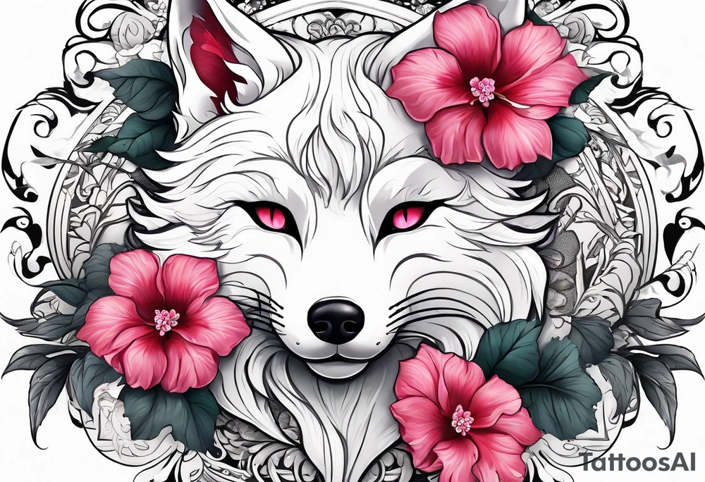 White fox mask with red accents and pink hibiscus flowers tattoo idea