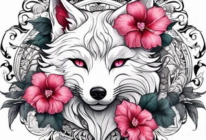 White fox mask with red accents and pink hibiscus flowers tattoo idea
