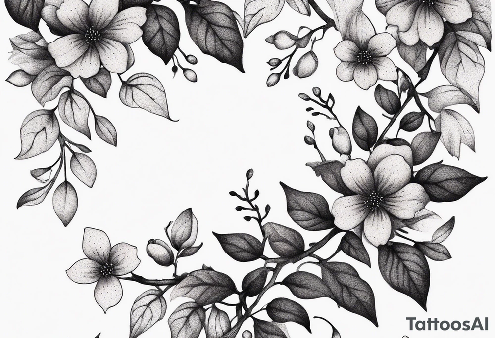 Create a delicate line art tattoo of intertwined vines and small blossoms, emphasizing elegance and simplicity. tattoo idea