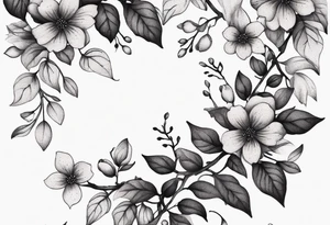 Create a delicate line art tattoo of intertwined vines and small blossoms, emphasizing elegance and simplicity. tattoo idea