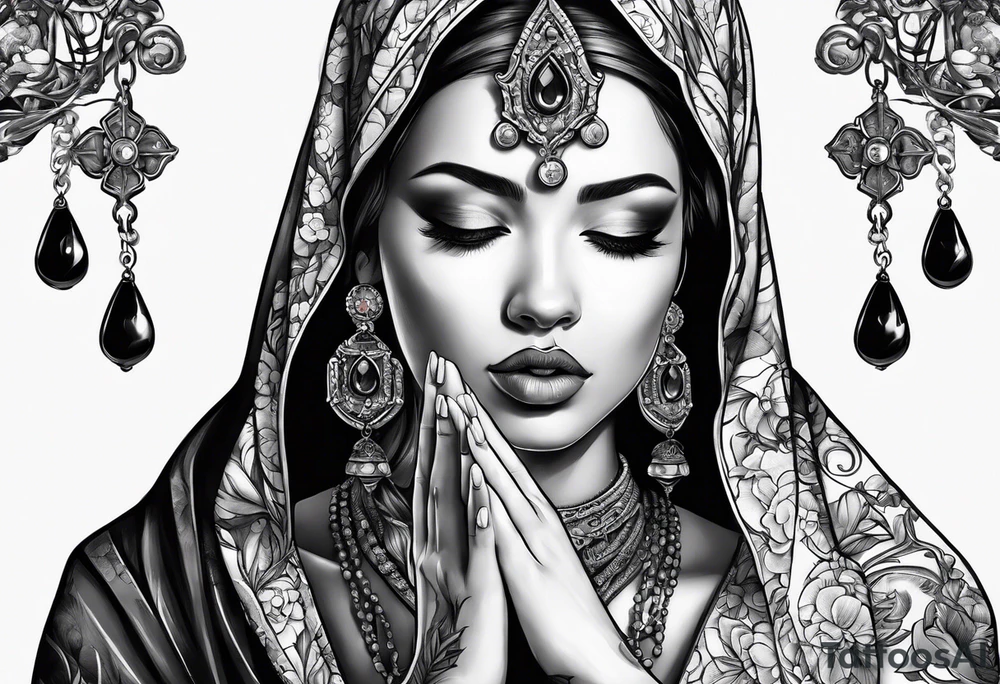 Praying Christian woman with hands holding necklace tattoo idea
