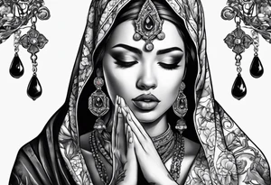 Praying Christian woman with hands holding necklace tattoo idea