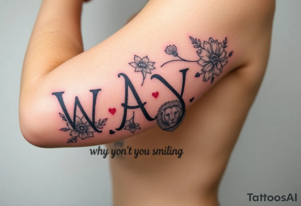 W.A.Y.S spelled out with why aren’t you smiling under neath it with flowers, and hearts with 444 and a lion tattoo idea