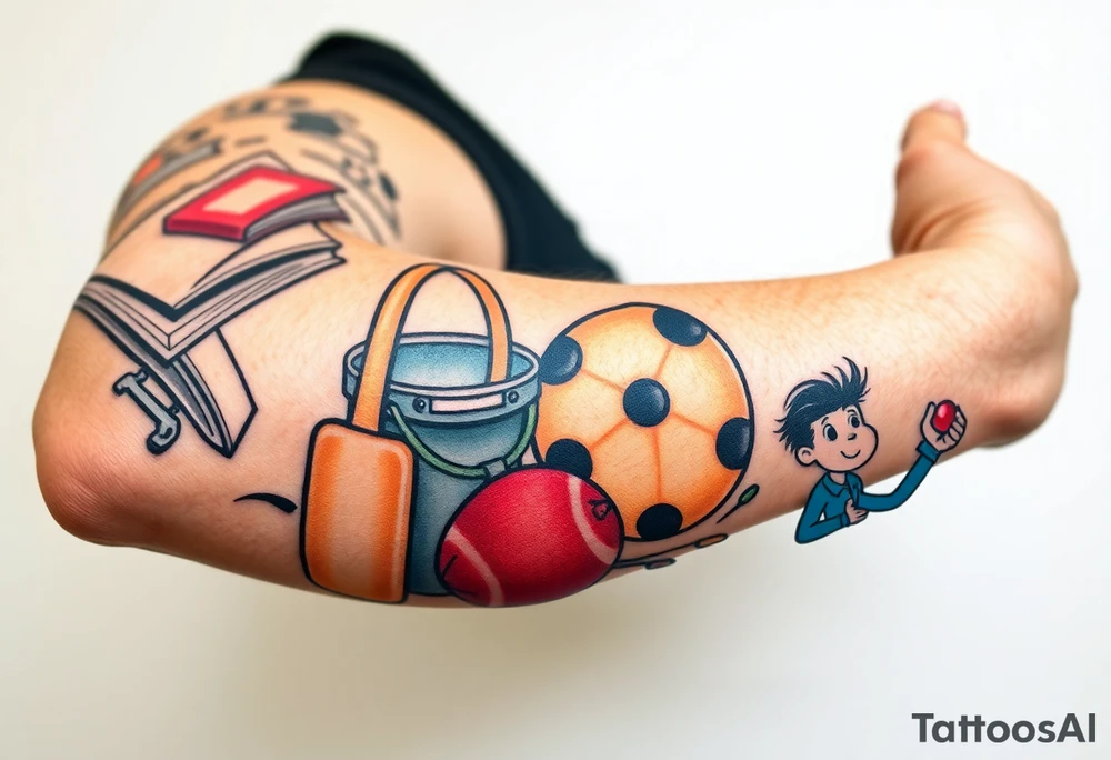 Childhood memories of a book, a bucket and spade, a football, a cricket bat, a cartoon of Dennis the Menace from the Beano comic tattoo idea
