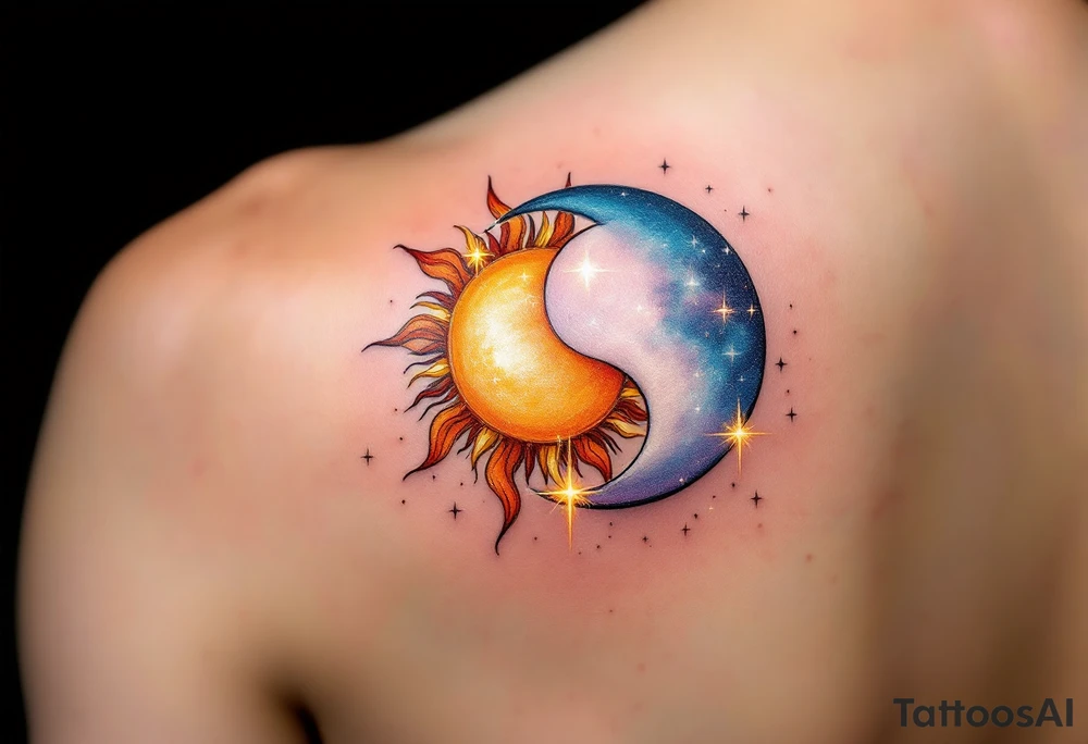 A celestial design featuring a sun and moon intertwined in an elegant dance, their forms forming a yin-yang-like balance. The sun is depicted in warm hues of golden yellow, orange, and fiery red, with rays that fade into soft, golden sparkles. The moon is shown in cool tones of silver, pale blue, and lavender, with a subtle shimmer effect that gives it a glowing, ethereal quality. Around the sun and moon are tiny, glowing stars in shades of white and light blue, scattered across a soft black or deep navy sky, creating a dreamy, otherworldly aura. tattoo idea
