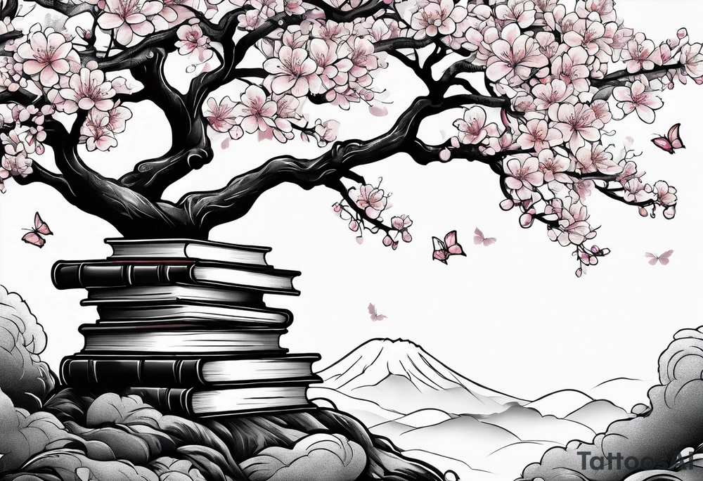 Cherry blossom tree growing out of a stack of books tattoo idea