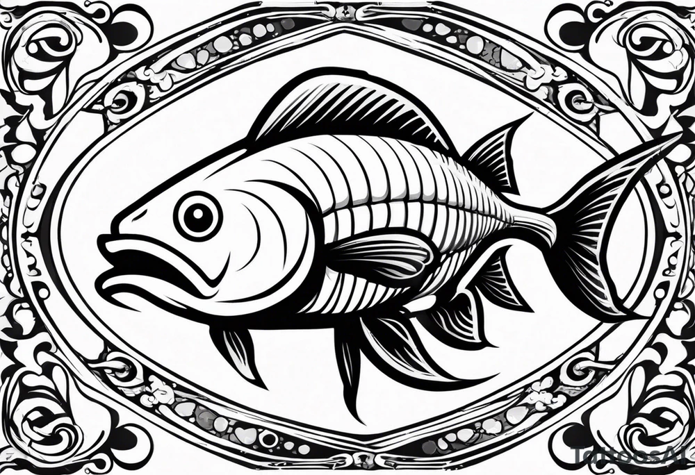 a cartoon fish with sharp, pointed fins and a streamlined body. Its eyes are narrowed with intense, angry brows, and its mouth is twisted into a snarl, showing sharp teeth. The overall appearance is aggressive and intimidating, conveyed through stark black and white contrasts. tattoo idea