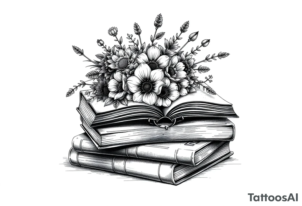 stack of 3 vintage books top book open with bouquet of different kinds of wild 
flowers coming out of it tattoo idea