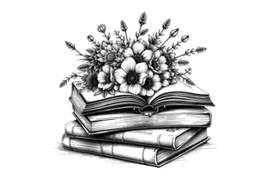 stack of 3 vintage books top book open with bouquet of different kinds of wild 
flowers coming out of it tattoo idea