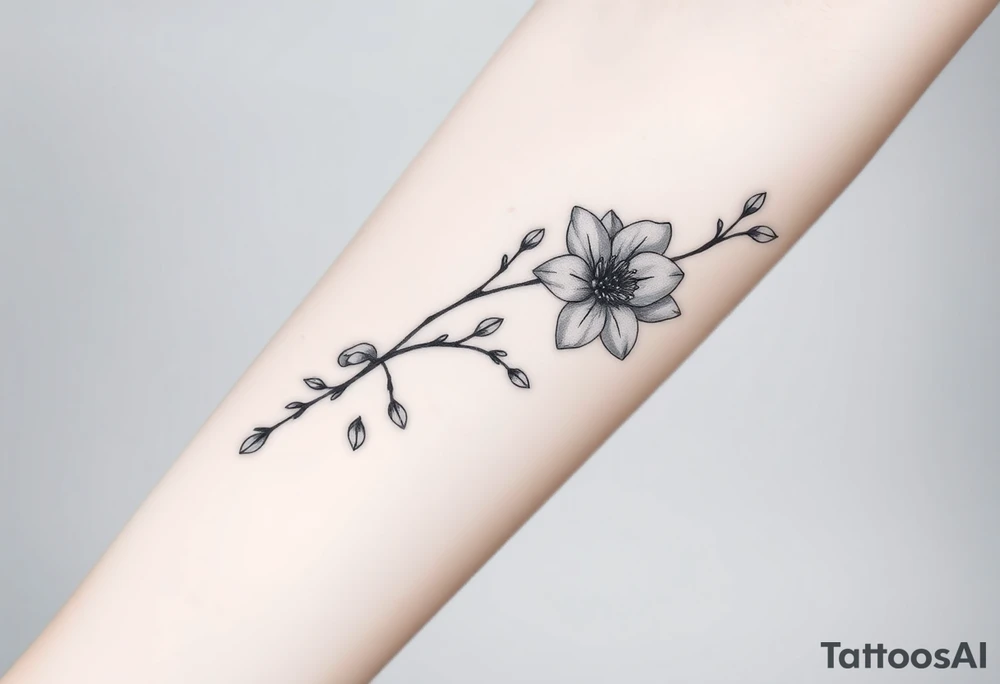 Long branch with magnolia flowers, in different blossom stages with botanical details, lines and dots tattoo idea
