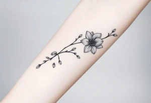 Long branch with magnolia flowers, in different blossom stages with botanical details, lines and dots tattoo idea