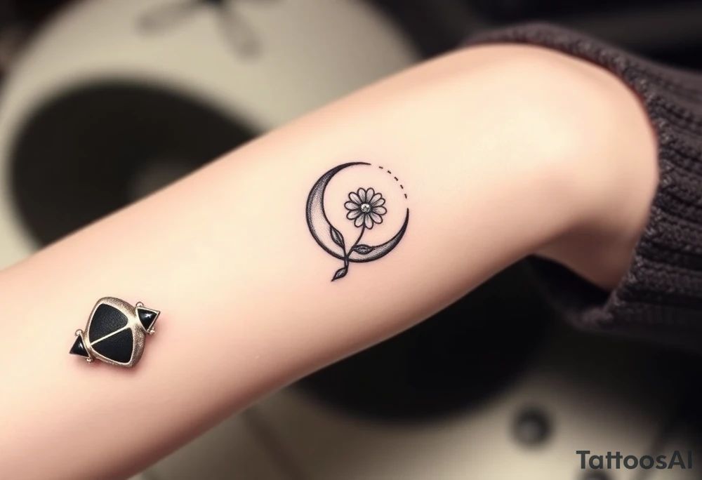 Small black and white tattoo waxing crescent moon with small Daisy birth flower and tiny Leo gliph tattoo idea