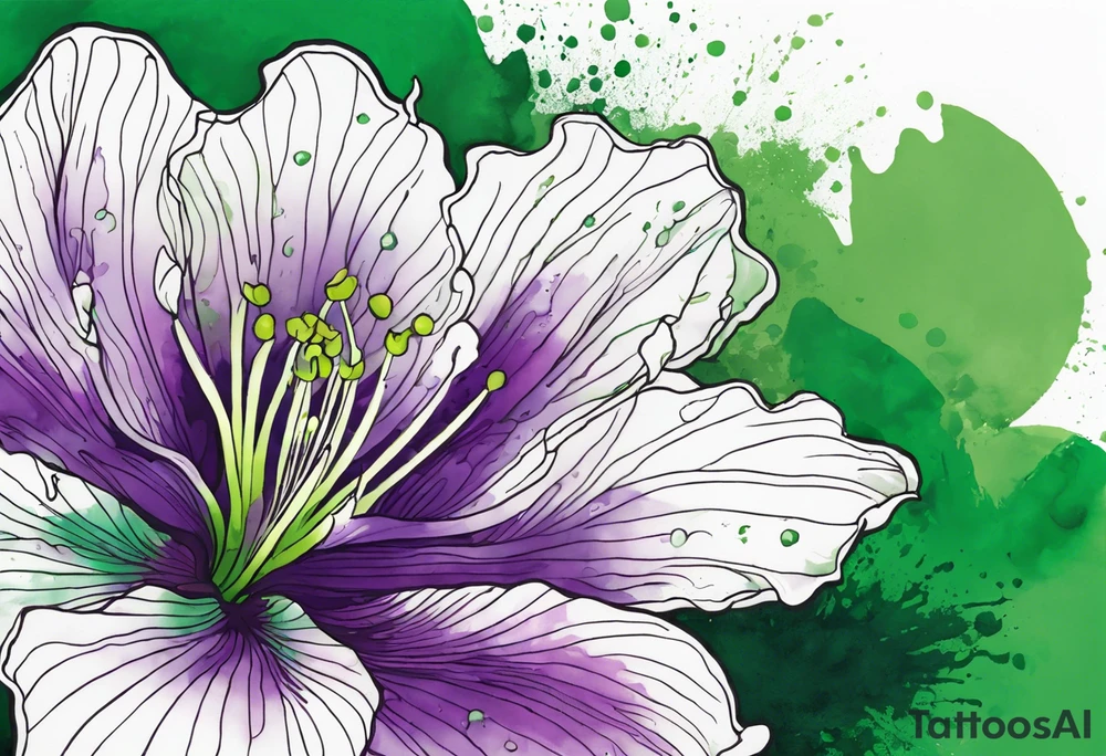 An outline of an only green rio dipladenia flower and a green and purple watercolor splash in the background tattoo idea