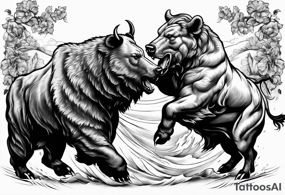 I want a sleeve tattoo design bear fighting a bull tattoo idea