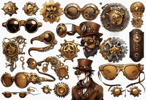 Steampunk
Anime
Gold
Brown
Sunglasses 
Mechanical devices
Leather
People tattoo idea
