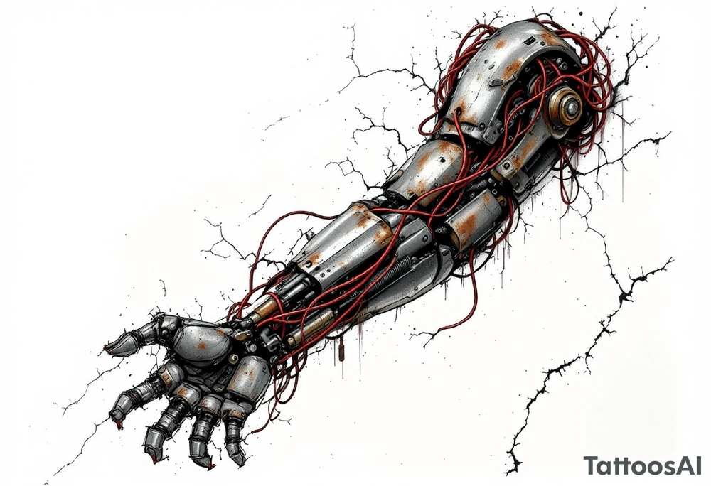 A biomech arm built from rusted iron plates and crimson wires, emerging from beneath cracked human skin. tattoo idea