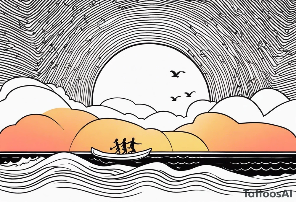 Black and white Line work tattoo depicting a father surfing with his two daughters.  The sunset and horizon have musical notes. tattoo idea