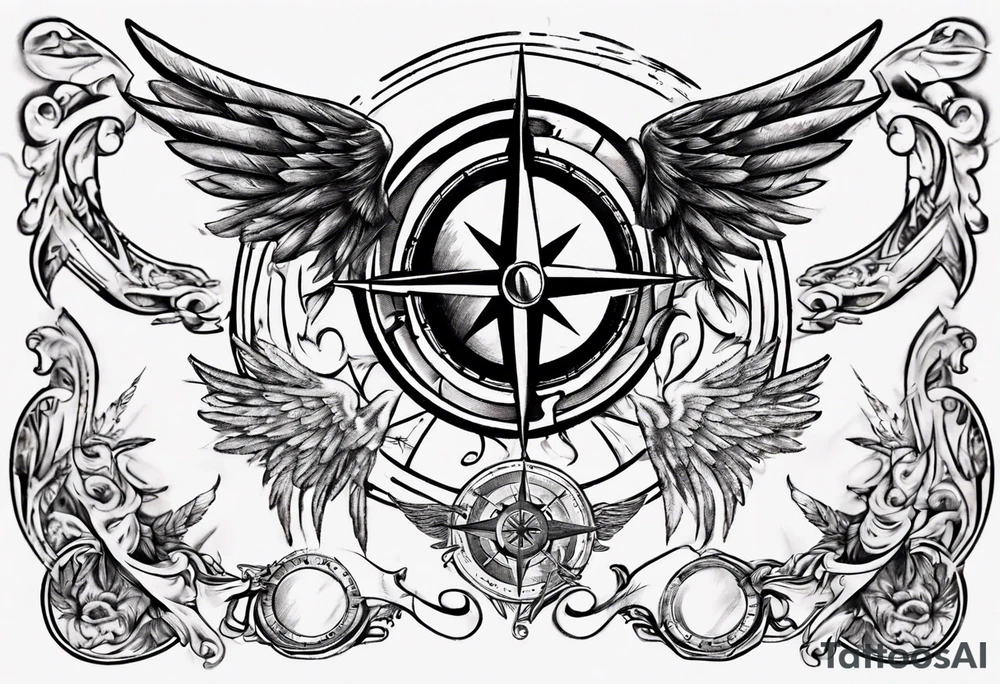 Chest tatoo with sun and letters and compass and angels tattoo idea