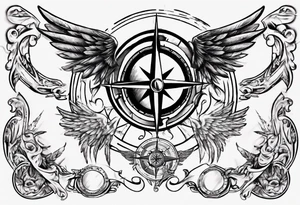 Chest tatoo with sun and letters and compass and angels tattoo idea