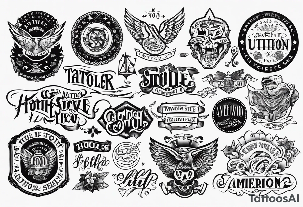 A tattoo flash sheet with different types of American traditional text tattoo idea