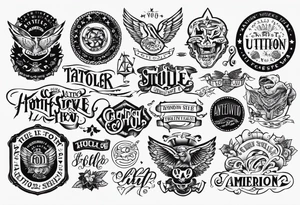 A tattoo flash sheet with different types of American traditional text tattoo idea