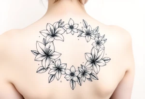 lilies, cherry blossoms and daffodils with some leaves in a circular formation tattoo idea