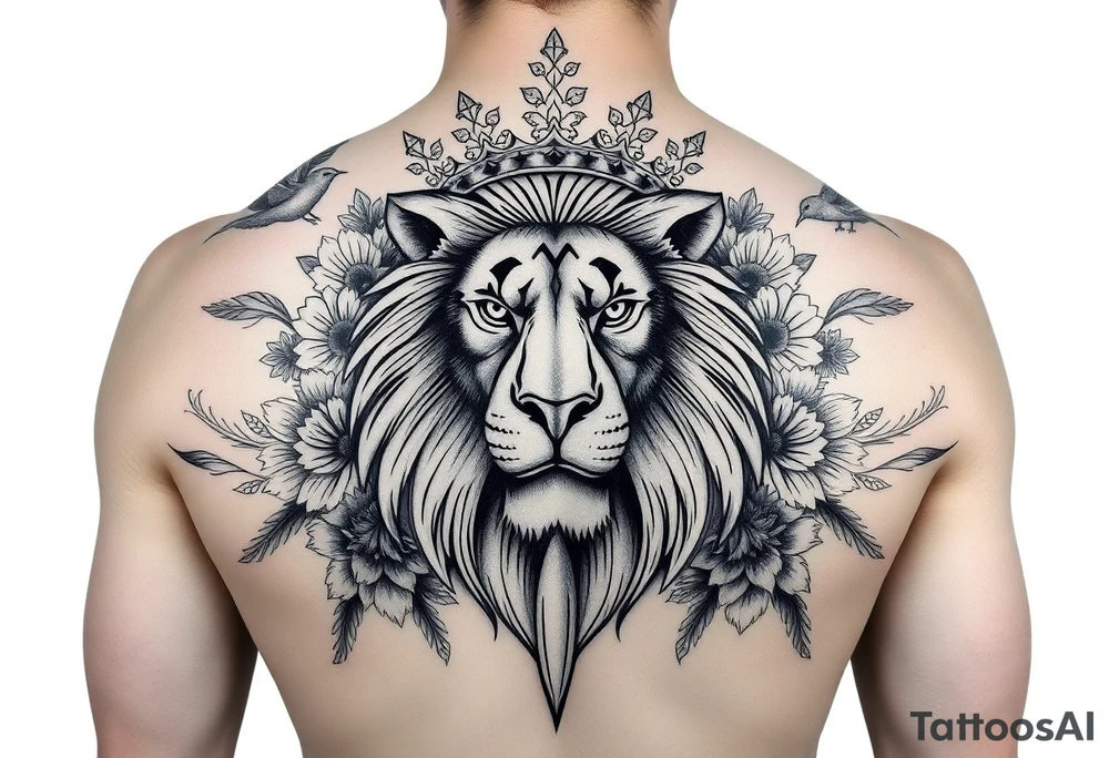 powerful majestic lion with a crown, surrounded by floral ornaments and birds tattoo idea