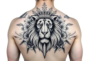 powerful majestic lion with a crown, surrounded by floral ornaments and birds tattoo idea