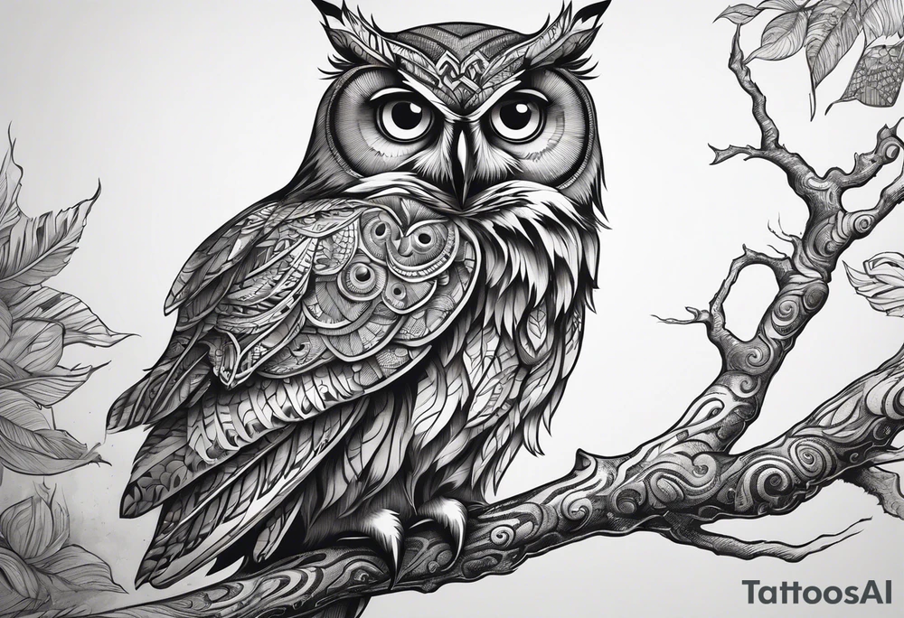 “A wise owl perched on a branch, with large, expressive eyes and intricate feather patterns, representing wisdom tattoo idea