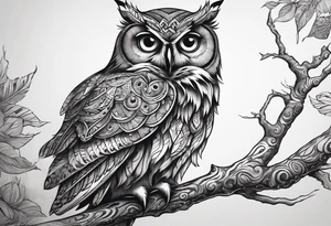 “A wise owl perched on a branch, with large, expressive eyes and intricate feather patterns, representing wisdom tattoo idea