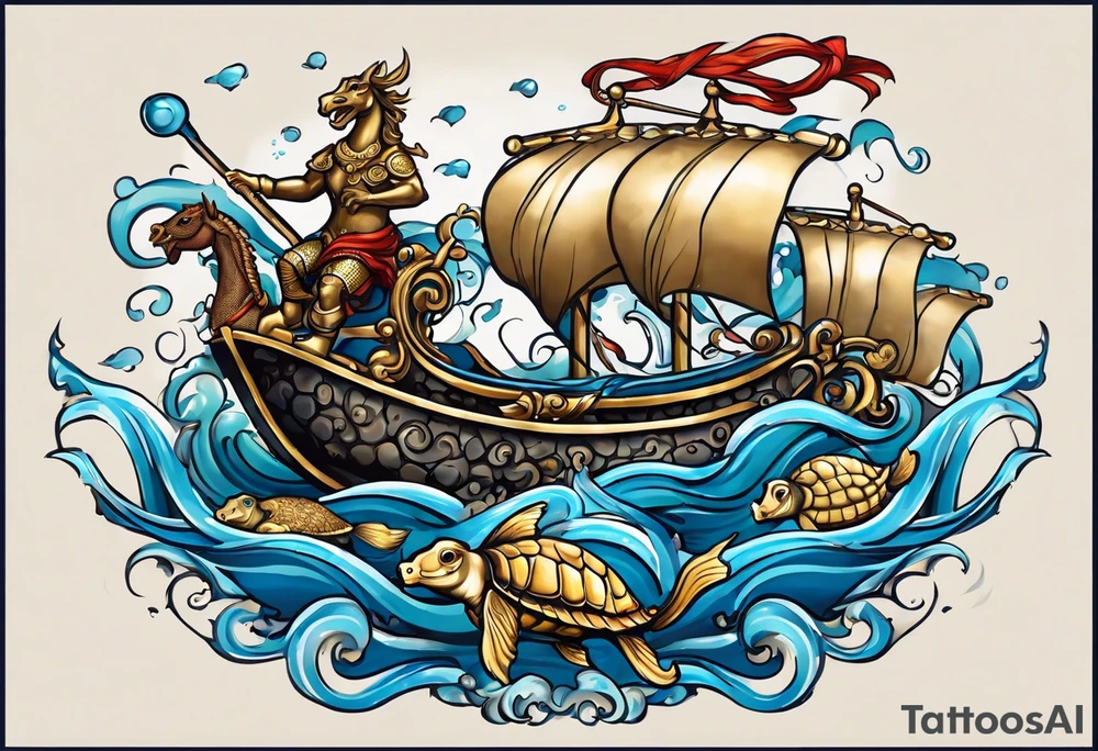 in the middle there are sea horses pulling a chariot. on the upper right is a blue nose and a rock sourrounded by water, on the upper left is a turtle with a golden shell and on the bottom is a ribbon with a sparrow on each side holding it up tattoo idea