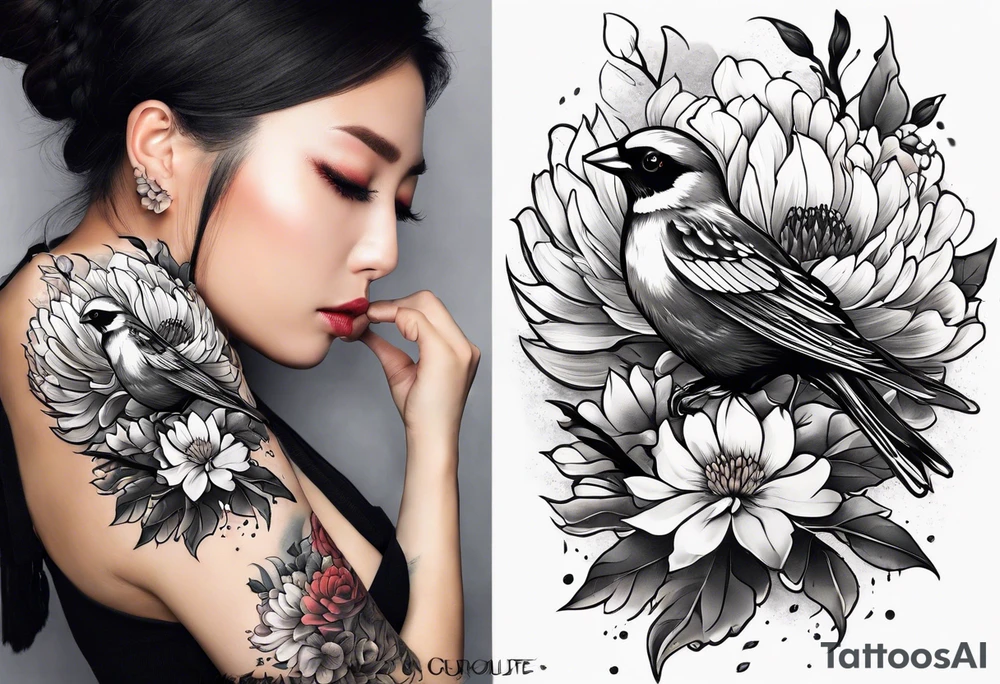 Arm with sparrows and cheysanthemums black only in a Japanese style tattoo idea
