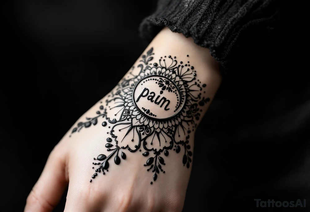 Indian style Henna tattoo for the inner wrist including word pain tattoo idea