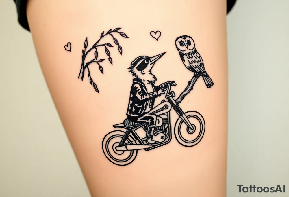 Woody the woodpecker wearing a leather vest that says peckerwoods, on a Harley Davidson under a willow tree, gazing in love at a barn owl tattoo idea