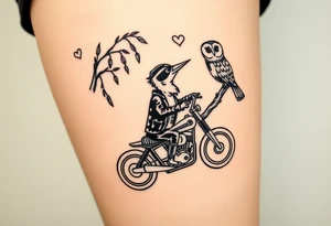 Woody the woodpecker wearing a leather vest that says peckerwoods, on a Harley Davidson under a willow tree, gazing in love at a barn owl tattoo idea