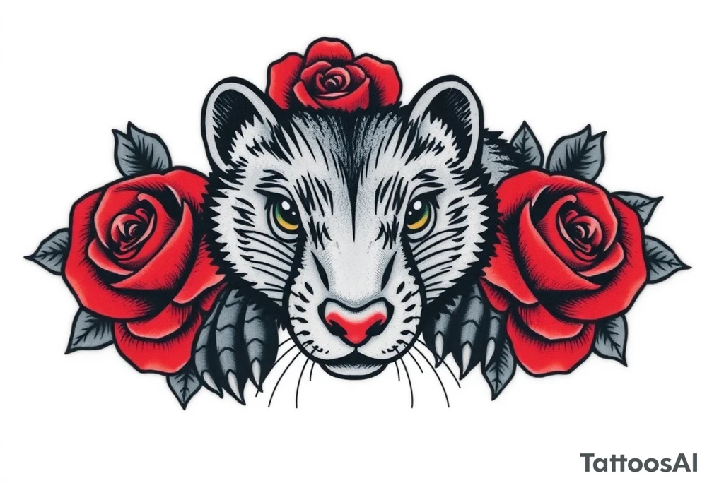 A mole animal with bold black outlines, and red roses surrounding it for a classic old-school aesthetic tattoo idea